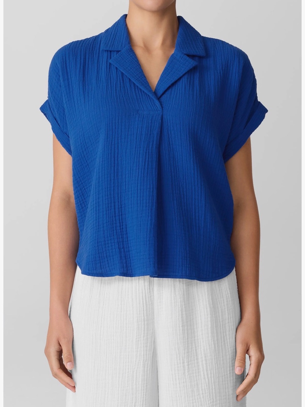 Eileen Fisher Organic Cotton Vibrant Blue Notch Collar Roll Cuff Shirt | Size L